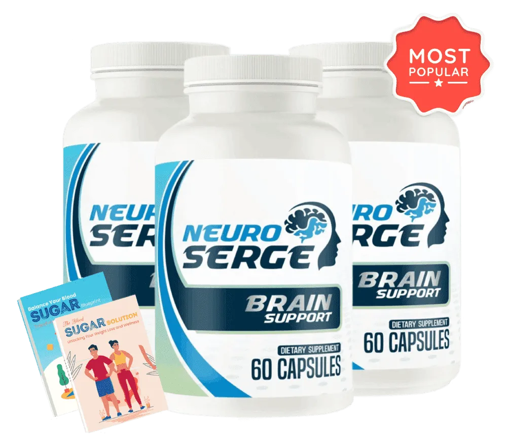 Neuro Serge brain support dietary supplement three bottle bundle with bonus health guides designed to support focus memory and cognitive performance