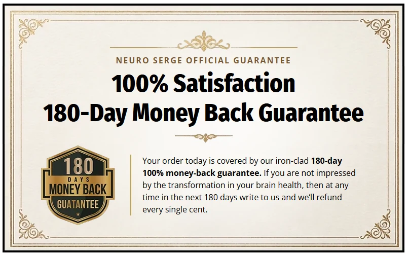 Vendor supplied Neuro Serge 180 day money back guarantee promotional graphic